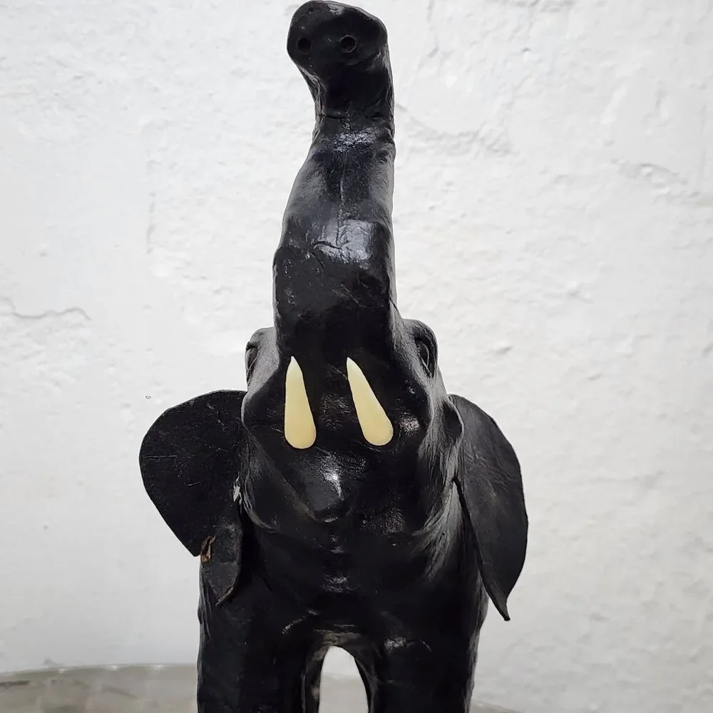 Vtg Black Leather Wrapped Elephant Statue Figurine Trunk Up MCM Safari Decor 11